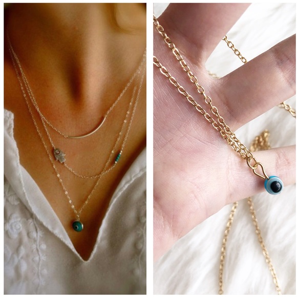 NEW Three later gold evil eye necklace curved bar - Picture 2 of 6